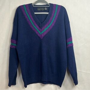 Context M Men's VTG Knit V-neck Sweater Cable Knit Tennis Preppy Streetwear